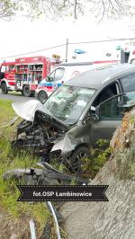 Niebezpieczne zdarzenie na trasie Okopy - Łambinowice. Kierująca wjechała w drzewo