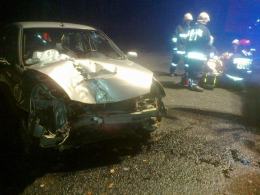 Kierowca renault wpadł w poślizg na mokrej nawierzchni i uderzył w drzewo.