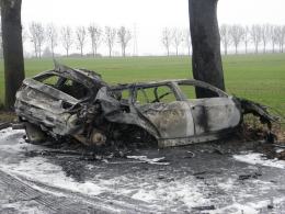 Po zderzeniu z drzewem BMW stanęło w ogniu. Kierowca nie żyje.
