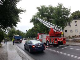 Korki na ul. Piastowskiej. Strażacy wycinali konar drzewa.