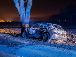 Ford uderzył w drzewo i stanął w płomieniach
