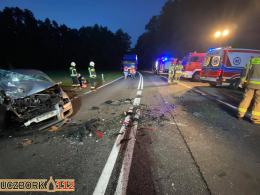 Czołowe zderzenie aut na DK45 w Jasieniu. Dwie osoby trafiły do szpitala