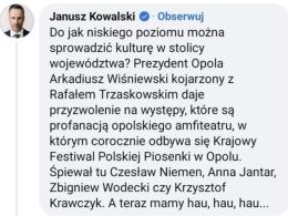 Janusz Kowalski krytykuje Ralpha Kamińskiego: "Profanacja amfiteatru w Opolu".