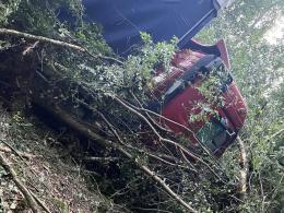 Ciężarówka jechała autostradą, wypadła z jezdni i wjechała do lasu