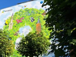 Zielony mural na ścianach 1. Liceum Ogólnokształcącego. Użyto antysmogowej farby