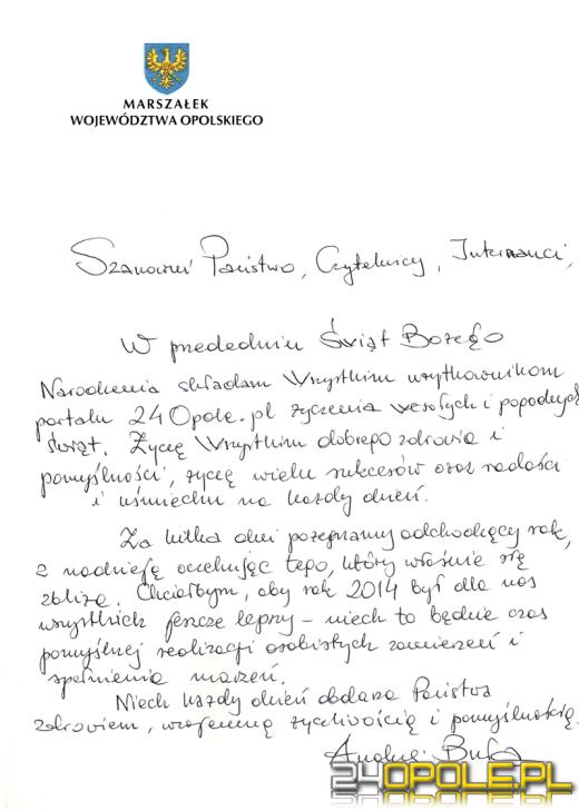 Świąteczne życzenia od marszałka województwa opolskiego