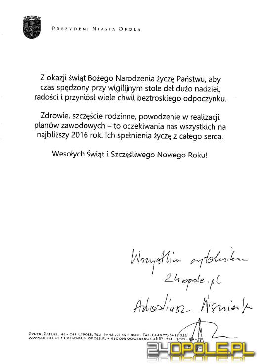Świąteczne życzenia od prezydenta Opola dla naszych czytelników