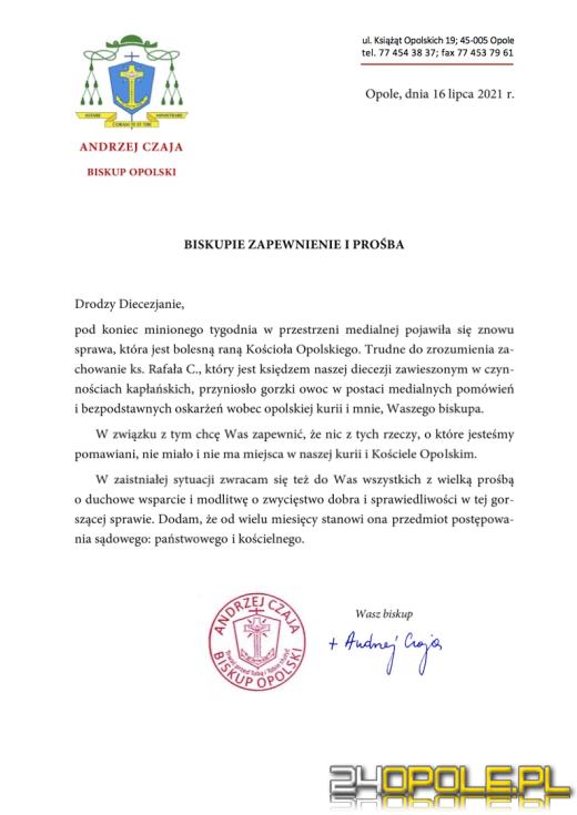 Kanclerz Kurii Opolskiej wydaje oświadczenie, a bp Andrzej Czaja prosi księży o wsparcie 