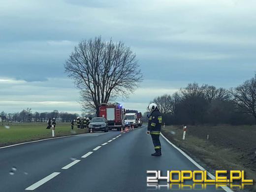 Wypadek na DK45 w powiecie krapkowickim. Samochód dachował poza drogą