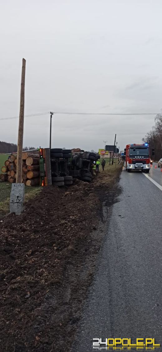 Ciężarówka przewożąca drewno przewróciła się w Dąbrowie