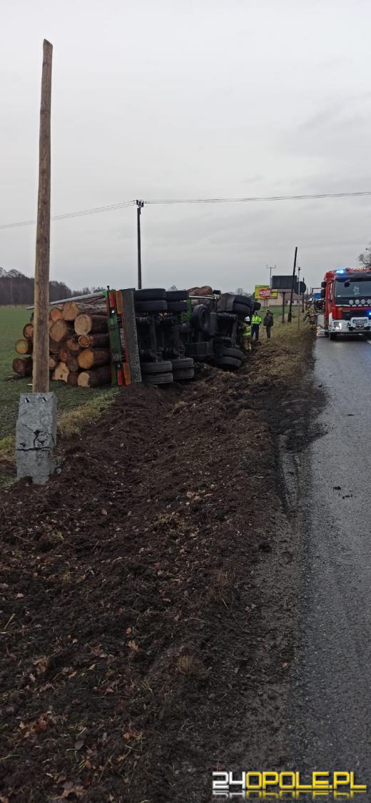 Ciężarówka przewożąca drewno przewróciła się w Dąbrowie