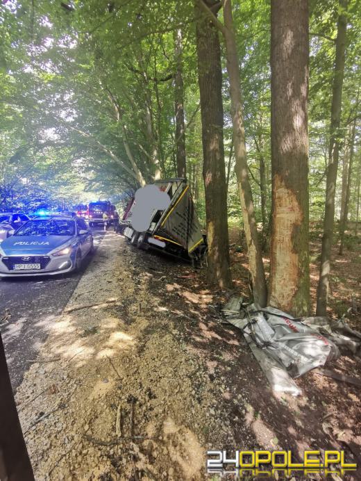Kierowca ciężarówki uderzył w pojazd i zjechał na przydrożne drzewo