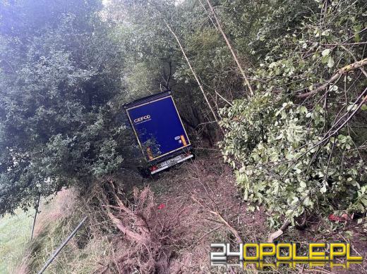 Ciężarówka jechała autostradą, wypadła z jezdni i wjechała do lasu
