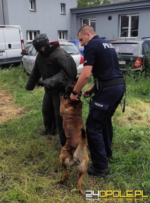 Sierżant Jakub Siepak z psem Atomem na podium w wojewódzkich zawodach kynologicznych