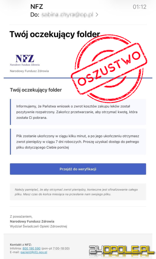 Nowa fala phishingu "na NFZ". Fałszywe e-maile o zwrocie kosztów leków