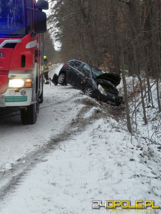 Samochód w rowie po zdarzeniu drogowym w Nowej Schodni. Podróżowało troje dzieci 