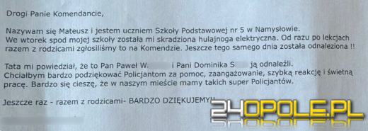 Policja z Namysłowa odzyskała hulajnogę. Nastolatek podziękował funkcjonariuszom