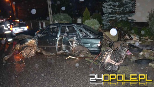 21-letni kierowca uderzył w drzewo, z auta wypadł silnik
