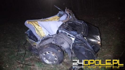 Wypadek samochodu w Prudniku. Auto po uderzeniu w drzewo rozpadło się na dwie części
