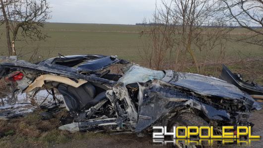 Pijany kierowca uderzył w drzewo. Auto rozpadło się na dwie części 