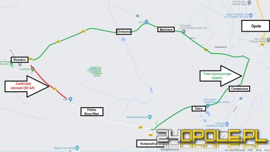 Odcinek drogi między Wawelnem a Polską Nową Wsią został zamknięty. Wyznaczono objazd