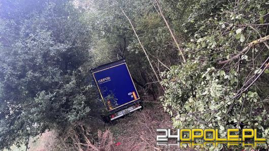 Ciężarówka jechała autostradą, wypadła z jezdni i wjechała do lasu