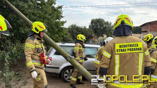 Samochód osobowy uderzył w słup energetyczny i wjechał na podwórko. Lądował LPR
