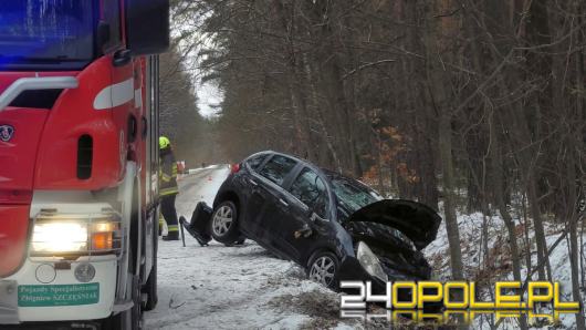Samochód w rowie po zdarzeniu drogowym w Nowej Schodni. Podróżowało troje dzieci 