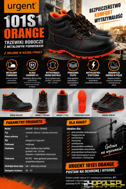 Trzewiki robocze URGENT 101S1 ORANGE z metalowym podnoskiem - rozmiar 40