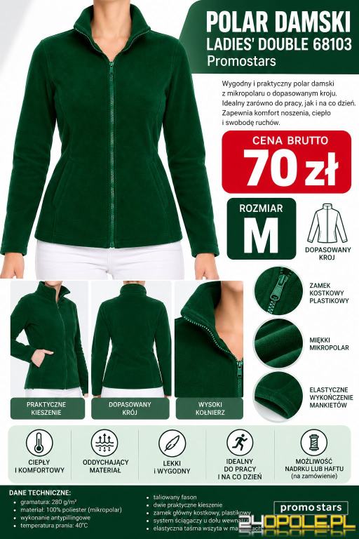 Polar damski Promostars LADIES  DOUBLE 68103  zielony, rozmiar M 70PLN