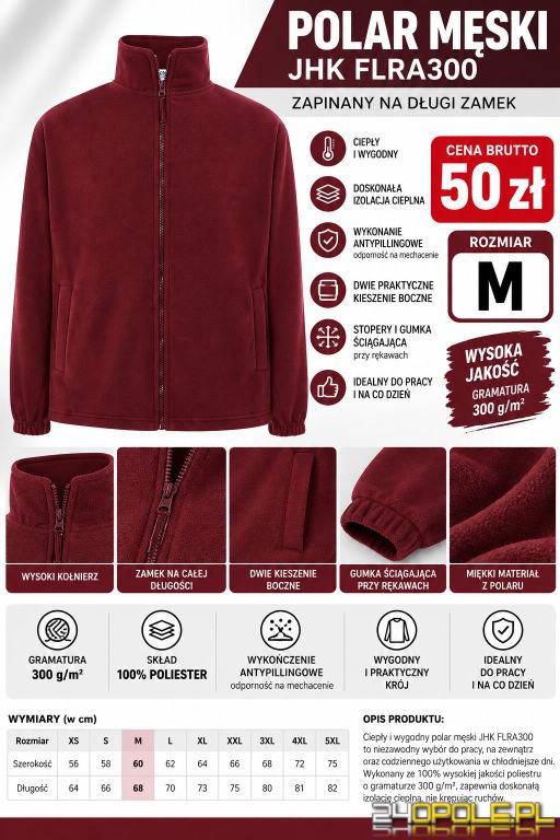 Polar męski JHK FLRA300  bordowy, rozmiar M 50PLN