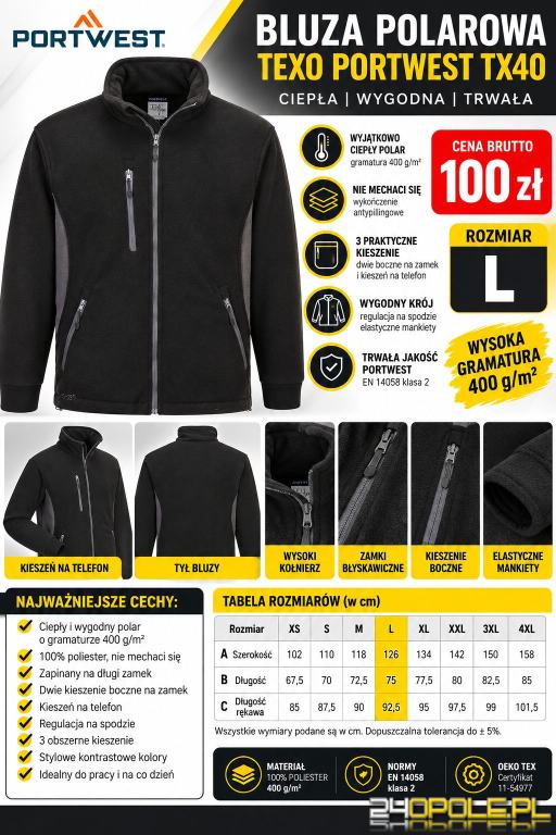 Bluza polarowa Texo Portwest TX40  czarna, rozmiar L100PLN