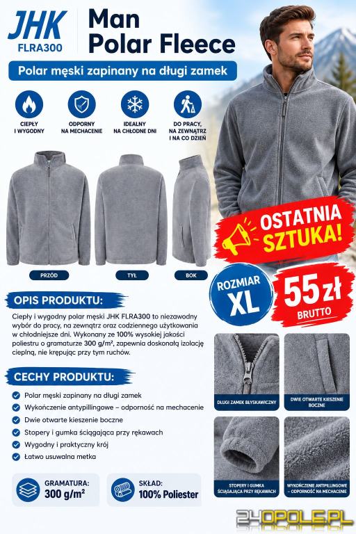 Bluza polarowa męska FLRA 300 Rozmiar XL SZARY 55PLN