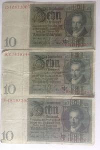  3 szt Banknoty - 10DM z 1929r.